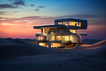 Futuristic large house in the desert in the evening
