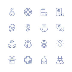 Sustainability line icon set on transparent background with editable stroke. Containing eco battery, environment, ecology, eco tag, sustainability, sustainable, green planet, green energy, world.