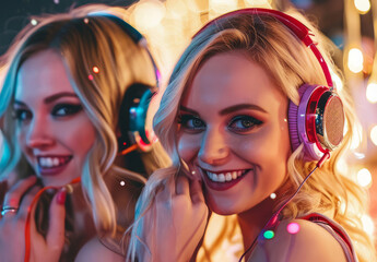 Sexy young ladies listening to modern hip hop and rap music in colorful headphones at party