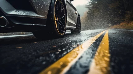 Foto op Aluminium Closeup of a car with leaves stuck on wheels on a wet road in the autumn © alexkich