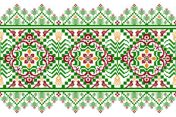 Ethnic Floral Pixel Art Seamless Pattern.  Vector design for fabric, tile, embroidery, carpet, background, and wallpaper