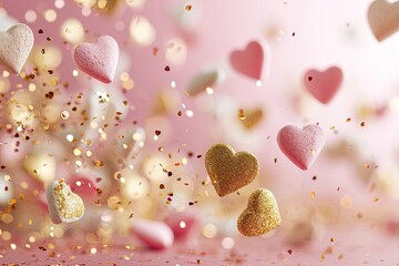 Floating Pink and Gold Hearts on a Soft Pink Backdrop for Love Themed Events and Valentine's Greetings