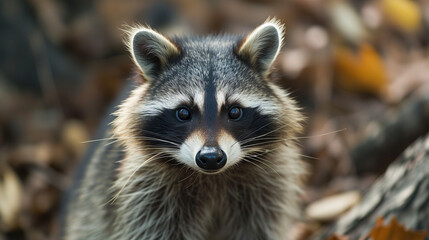 Naklejka premium Raccoon with striking eyes in a leafy backdrop