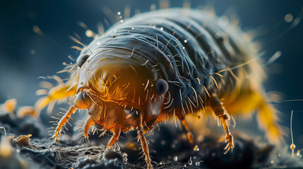 Microscopic view of a dust mite on a surface. - obrazy, fototapety, plakaty