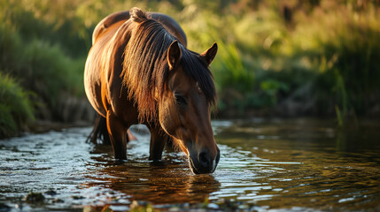 Fototapeta premium A bay horse drinks from a clear stream at golden hour.