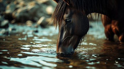 Close-up of a horse's muzzle drinking water from a river - obrazy, fototapety, plakaty