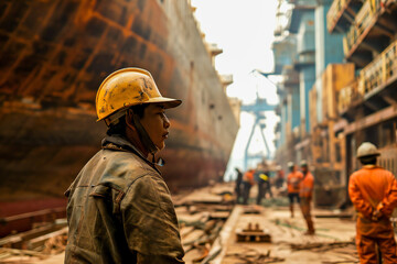 Workers in a shipyard with a ship under construction in background