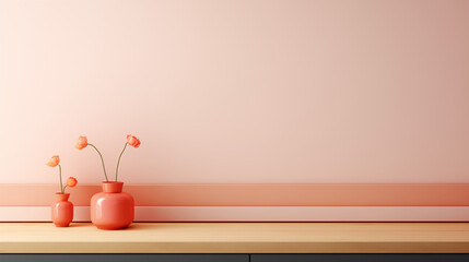  Warm Peach Fuzz Trendy tones. Minimal cozy counter mockup design for product presentation background or branding with wood counter and flower vase. Minimal Elegant interior. Generativer AI.