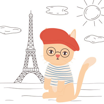 cute hand drawn cartoon character french parisian cat vector illustration with eiffel tower on background