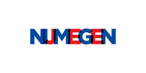 Nijmegen in the Netherlands emblem. The design features a geometric style, vector illustration with bold typography in a modern font. The graphic slogan lettering.