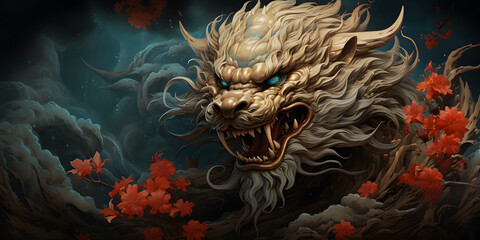 Chinese Mythology Dragon Art Illustration with Fantasy Style. Chinese New Year Background