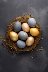 Colorful Easter eggs on dark gray background with golden decor, empty copy space Generative AI 