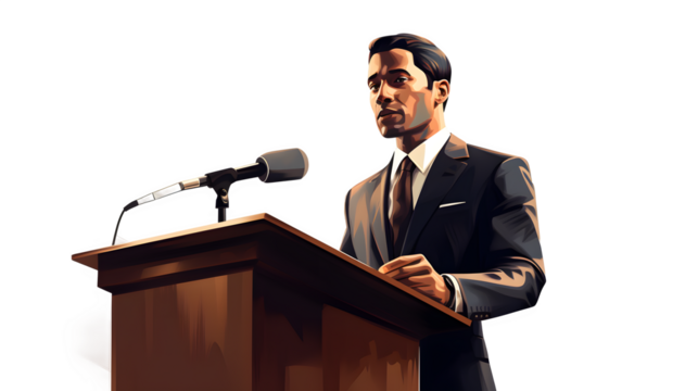 Businessman PNG, Transparent background cartoon vector, Business professional graphic, Holding a microphone icon, Delivering speech image, Corporate communication illustration, Business presentation - Powered by Adobe