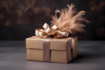 Craft gift box on a dark background, decorated with a textured bow and feathers, creating a romantic luxury atmosphere. For birthday, anniversary presents - obrazy, fototapety, plakaty