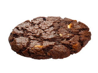 A dark chocolate brownie brown crispy cookie biscuit with white chocolate nut pieces side view studio shot isolated on white background