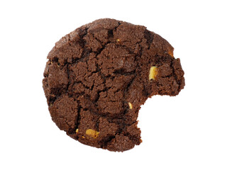 A dark chocolate brownie brown crispy cookie biscuit with white chocolate nut pieces and bite mark...