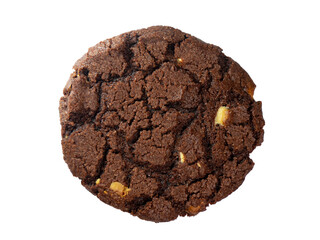 A dark chocolate brownie brown crispy cookie biscuit with white chocolate nut pieces top view studio shot isolated on white background