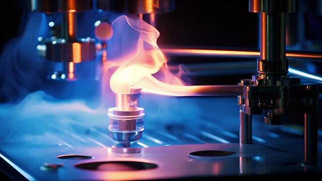 Macro shot of a Bunsen burner, showing the blue flame and controlled combustion used in laboratory experiments.