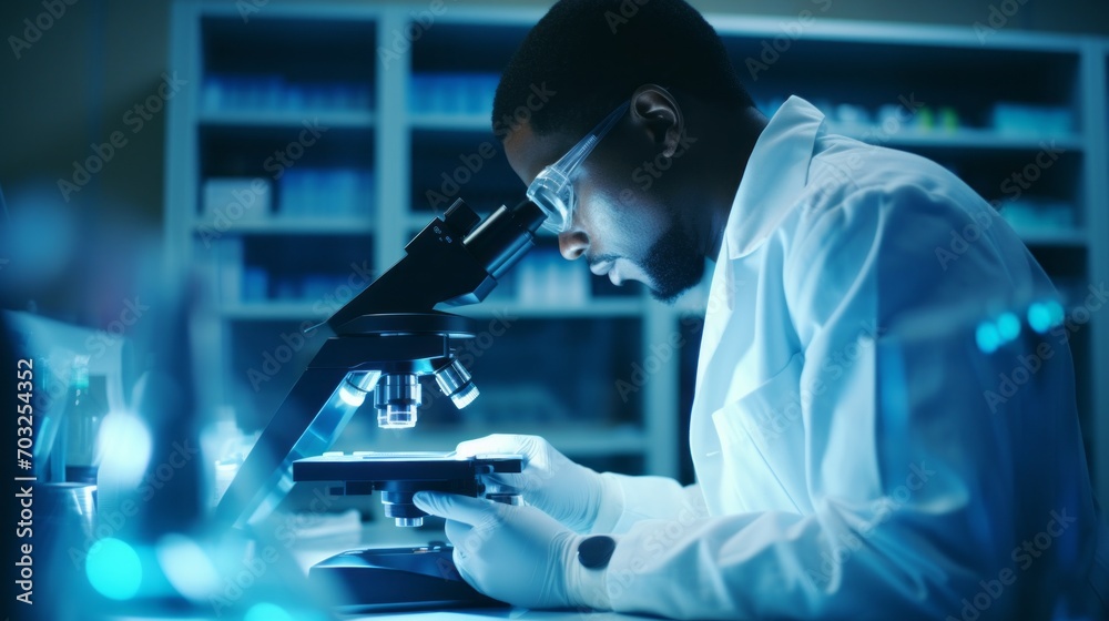 Aufkleber portrait of a black male scientist looking under a microscope analyzing samples in a modern medical 