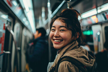 A happy girl riding on a train, generative AI