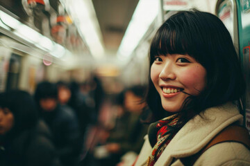 A happy girl riding on a train, generative AI