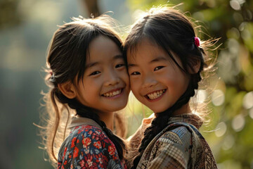 Portrait of two happy girls in nature, generative AI