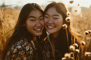 Portrait of two happy girls in nature, generative AI