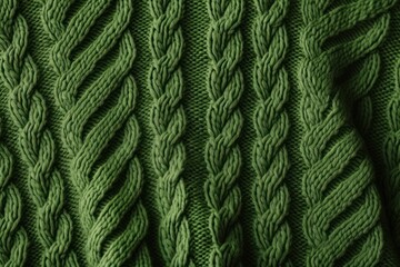 Close-up of green cable knit woolen sweater texture