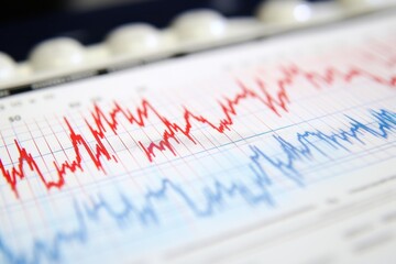 Close up of EKG printout peaks and troughs on paper background