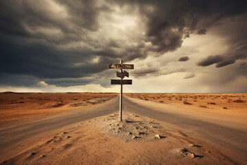 Desert crossroads with signs under stormy sky, decision-making symbolism