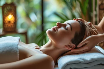 Lichtdoorlatende gordijnen Massagesalon a woman is getting a massage in a spa