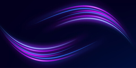 Light trail wave effect. Abstract motion lines, glowing headlights and optical fiber, PNG glow curve swirl, road car headlights and glowing white speed lines on a swirl light on the road.