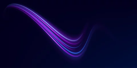 Poster Light trail wave effect. Abstract motion lines, glowing headlights and optical fiber, PNG glow curve swirl, road car headlights and glowing white speed lines on a swirl light on the road. © A_stock