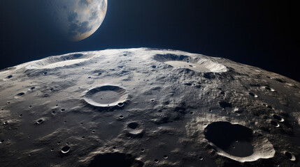 The lunar surface dotted with craters, view of Earth from the Moon, generative AI