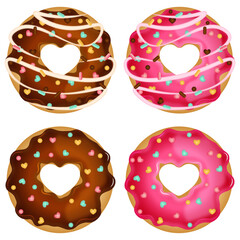 Chocolate and Strawberry Donuts - Top View of Heart-Shaped Pastries for Valentine's Day