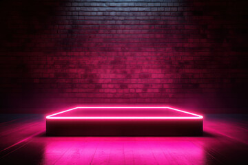 square stand with glowing pink neon on brick wall background - obrazy, fototapety, plakaty