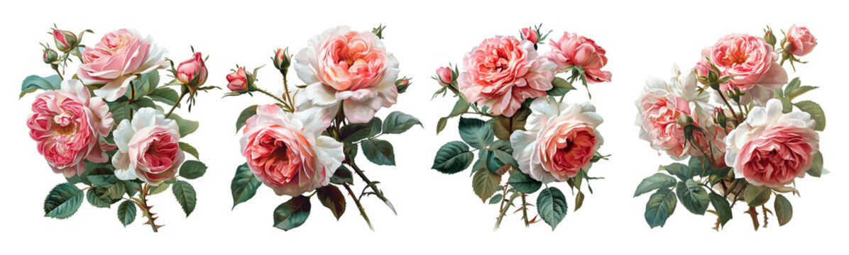 Realistic Rose Bouquet-Oil painting style Valentine's Day bouquet - bouquet of pink and white roses - set of bouquet images for Valentine's Day on transparent background.