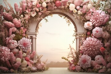 festive lush elegant arch of flowers. roses, peonies, wildflowers. arch for presentations and ceremonies. delicate feminine romantic backdrop - obrazy, fototapety, plakaty