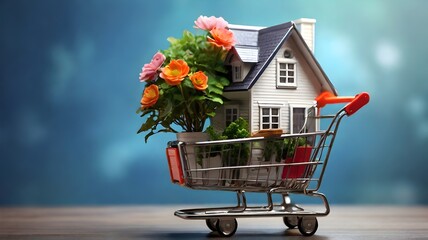 House in shopping cart with flowers on blue bokeh background.