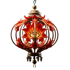 Beautiful Red Chinese Lantern with Floral Pattern Isolated on Transparent Background