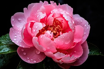 pink peony in drops of dew or rain on a black background. top view from above