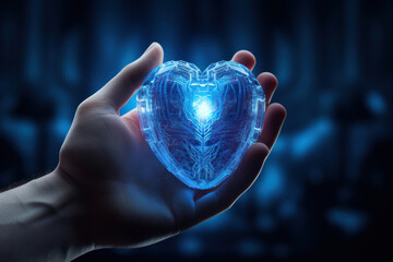 Man holds blue digital heart network in a hand. Humanity of modern technology and AI, health data science, medicine innovation, data visualization concept - obrazy, fototapety, plakaty