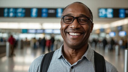 Smiling Black man wearing glasses in a casual grey shirt at an airport. - obrazy, fototapety, plakaty