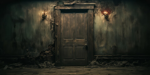 Fototapeta na wymiar Mysterious Wooden Door on a Cracked, Distressed Wall in an Abandoned, Dark Room with a Moody Atmosphere