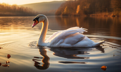 Obraz premium Majestic White Swan Gliding on a Tranquil Lake at Sunset, Golden Light Reflecting on Peaceful Waters