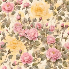Vintage pink and yellow roses watercolor seamless pattern on white background