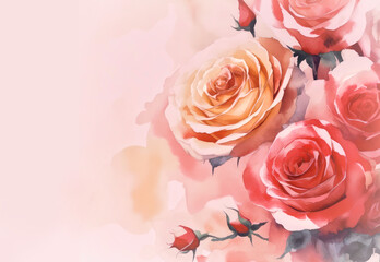 beautiful roses in water color on pink background