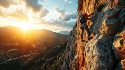 mountain climber hanging from cliff wall on rocky stone - obrazy, fototapety, plakaty