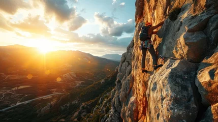 Fotobehang mountain climber hanging from cliff wall on rocky stone © Barosanu