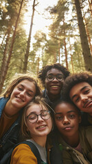 Forest Friends. Diverse Group of Teens Capturing the Essence of Friendship with a Joyful Selfie in the Heart of Nature